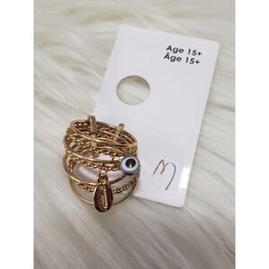 NEW SIZE 6 STACKED set of 6 EVIL EYE gold tone rings nautical beach tropical